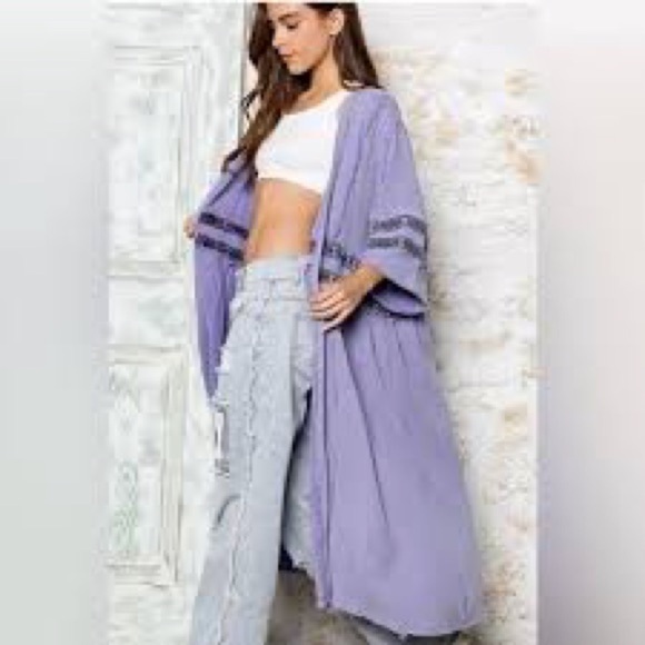 POL Sweaters - POL Embroidered Frayed Purple Kimono Cardigan Duster